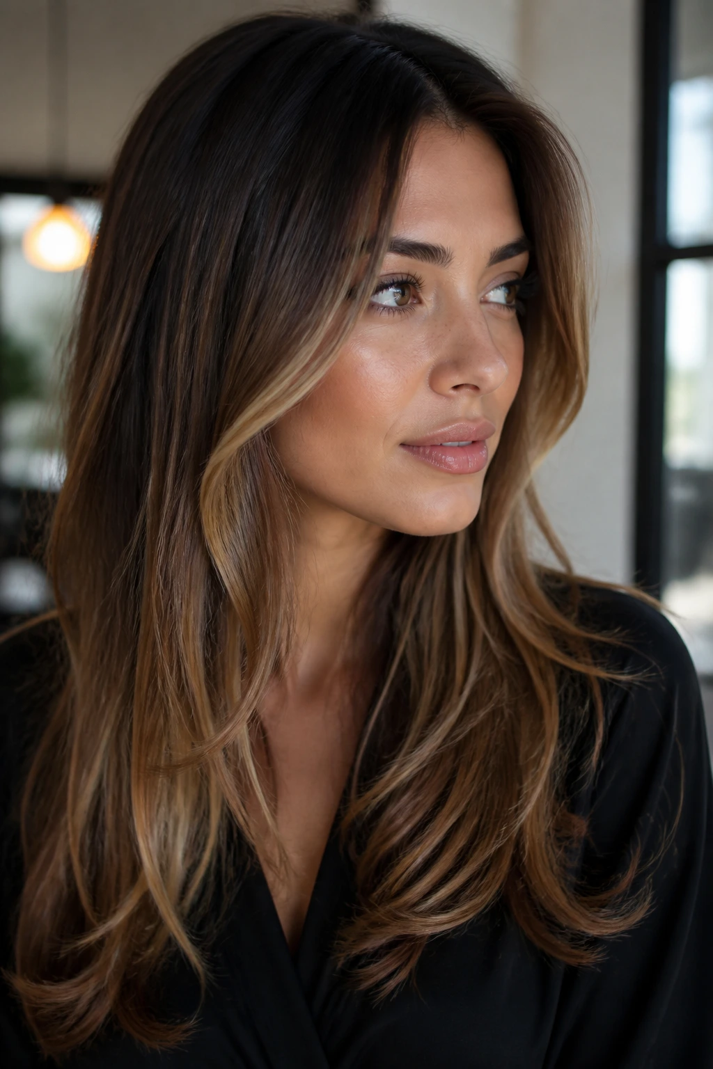 Portrait of a woman with refined face-framing pieces and subtle root shadow