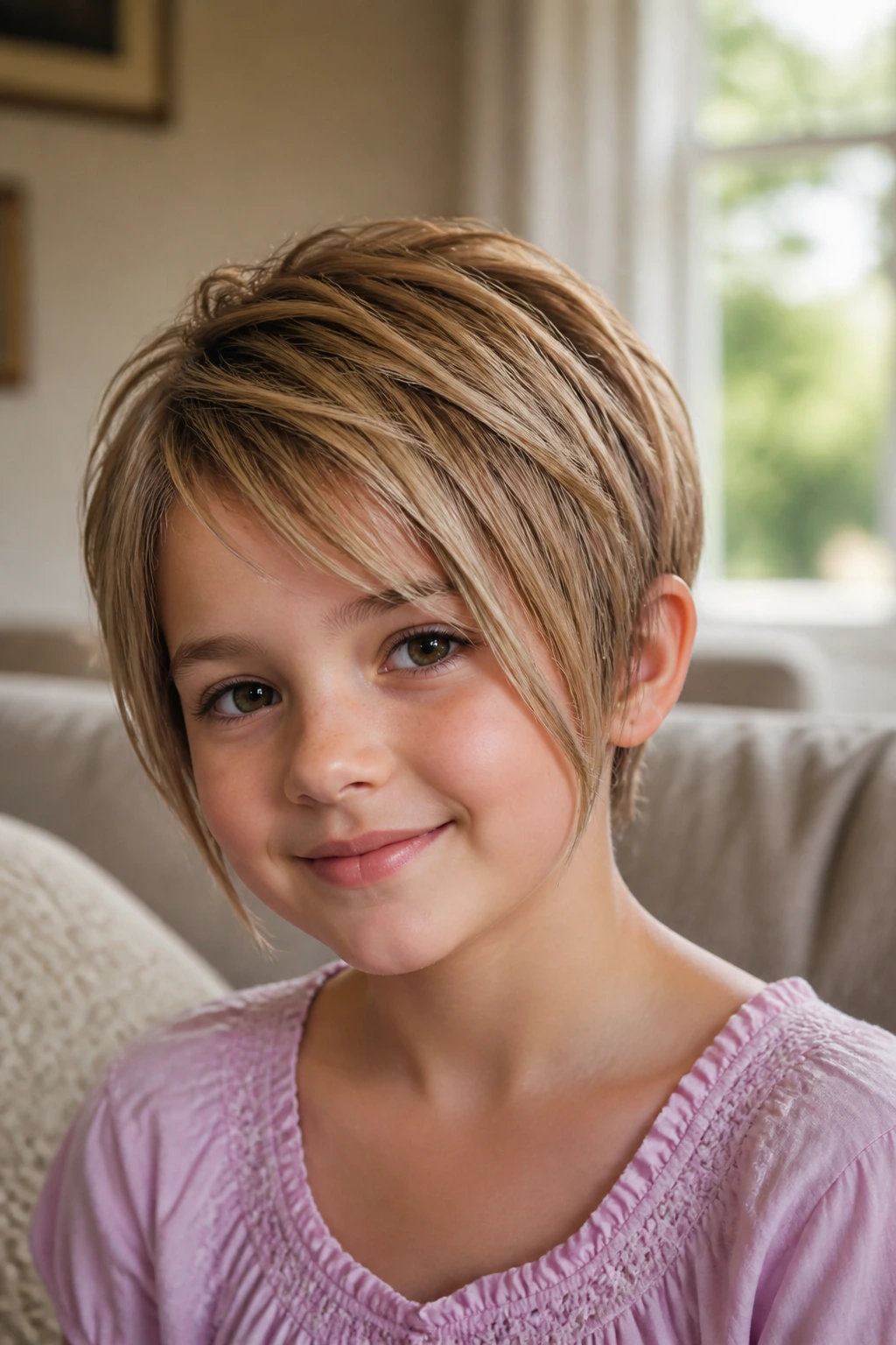 Close-up of a girl wearing a face-framing pixie hairstyle around her cheeks