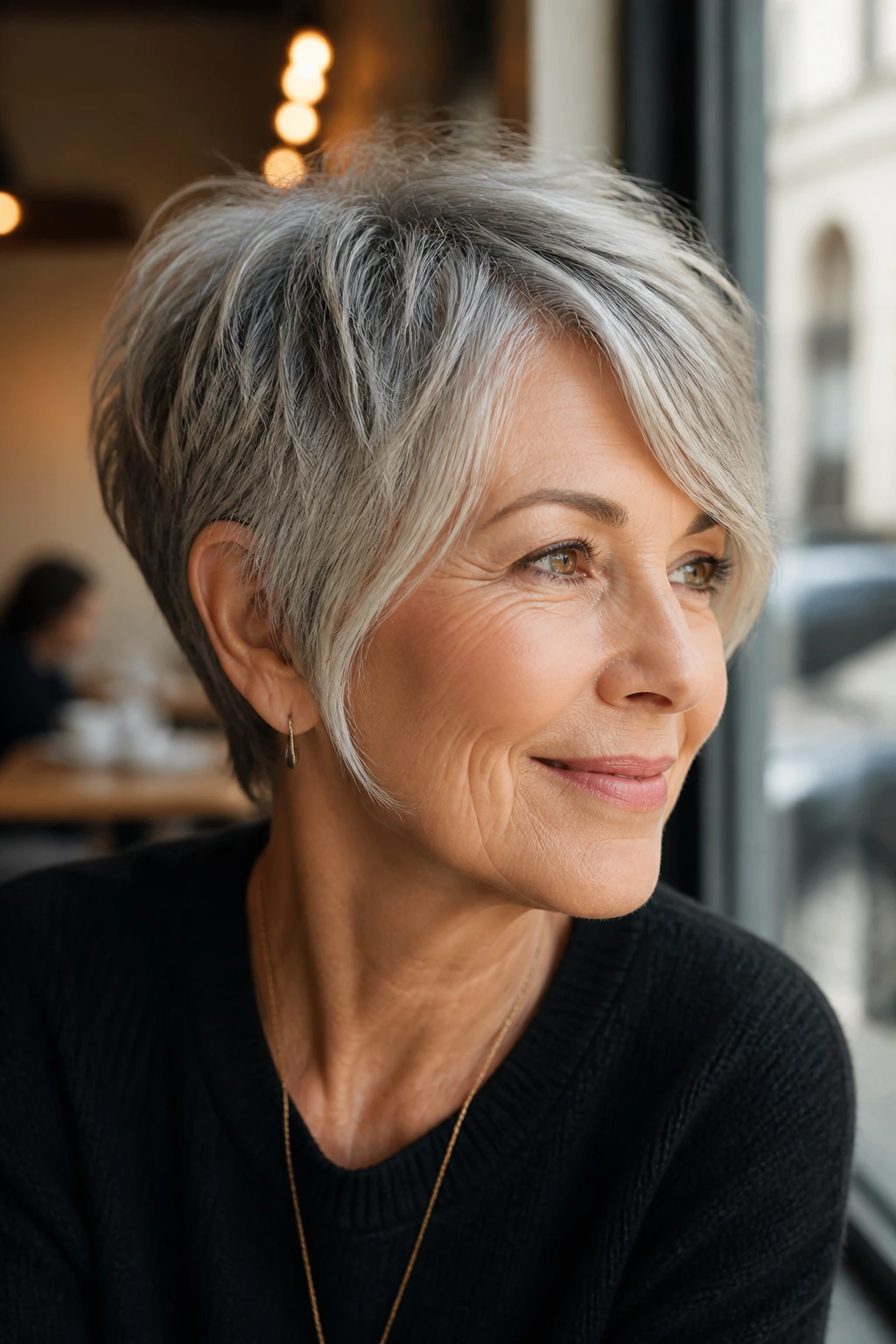 Close-up of a real woman with face-framing pixie emphasizing front hair around the face