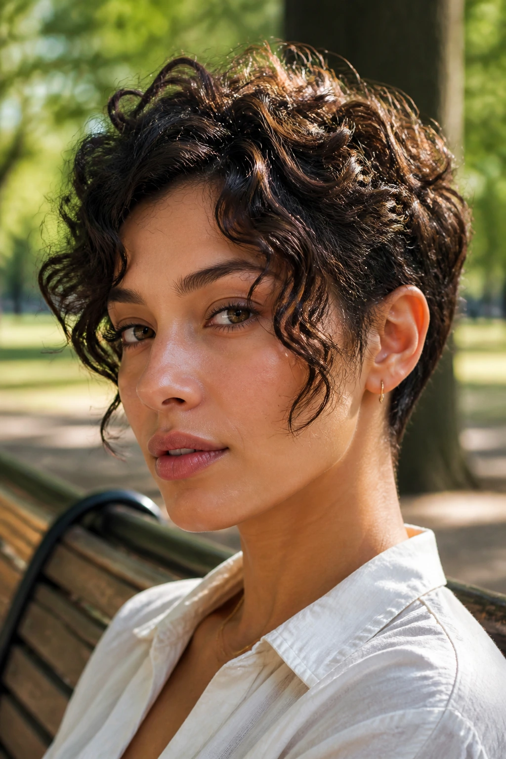 Close-up of a real woman with longer front pieces framing the face in warm sunlight.
