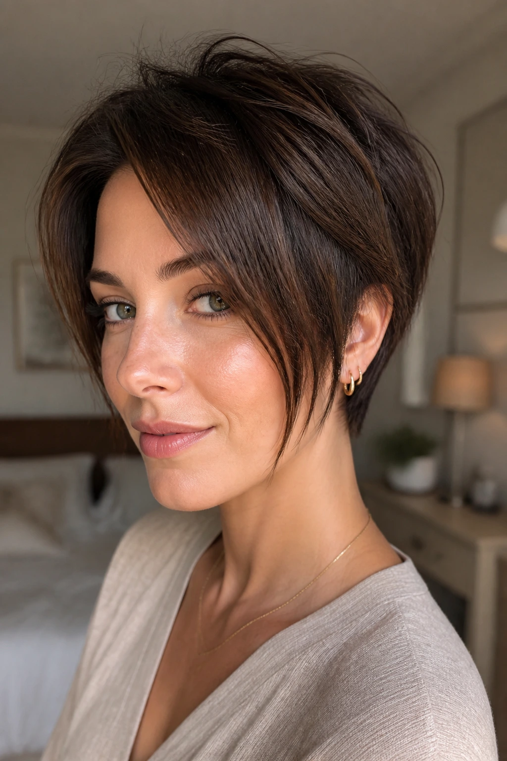 Close-up portrait of a real woman with a face-framing pixie with longer sides in soft natural light