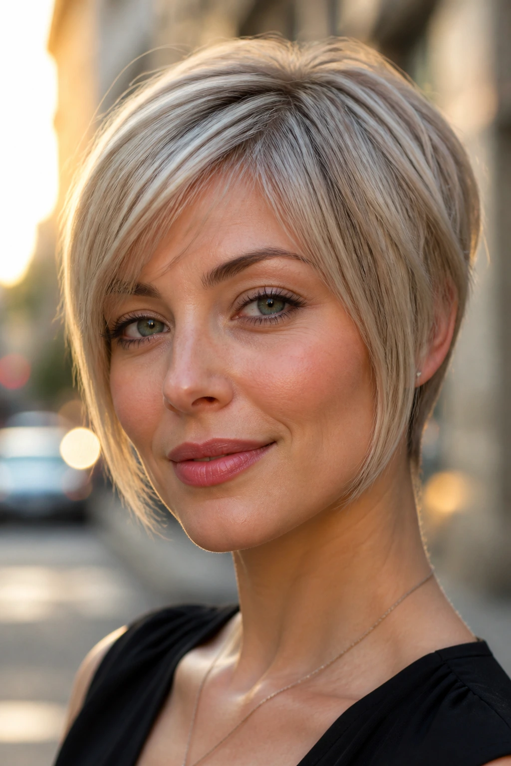 Portrait of a woman with longer-sided face-framing pixie on a sunny street.