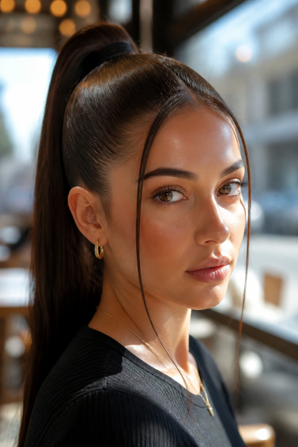 Close-up of a woman with face-framing high ponytail and slim front strands