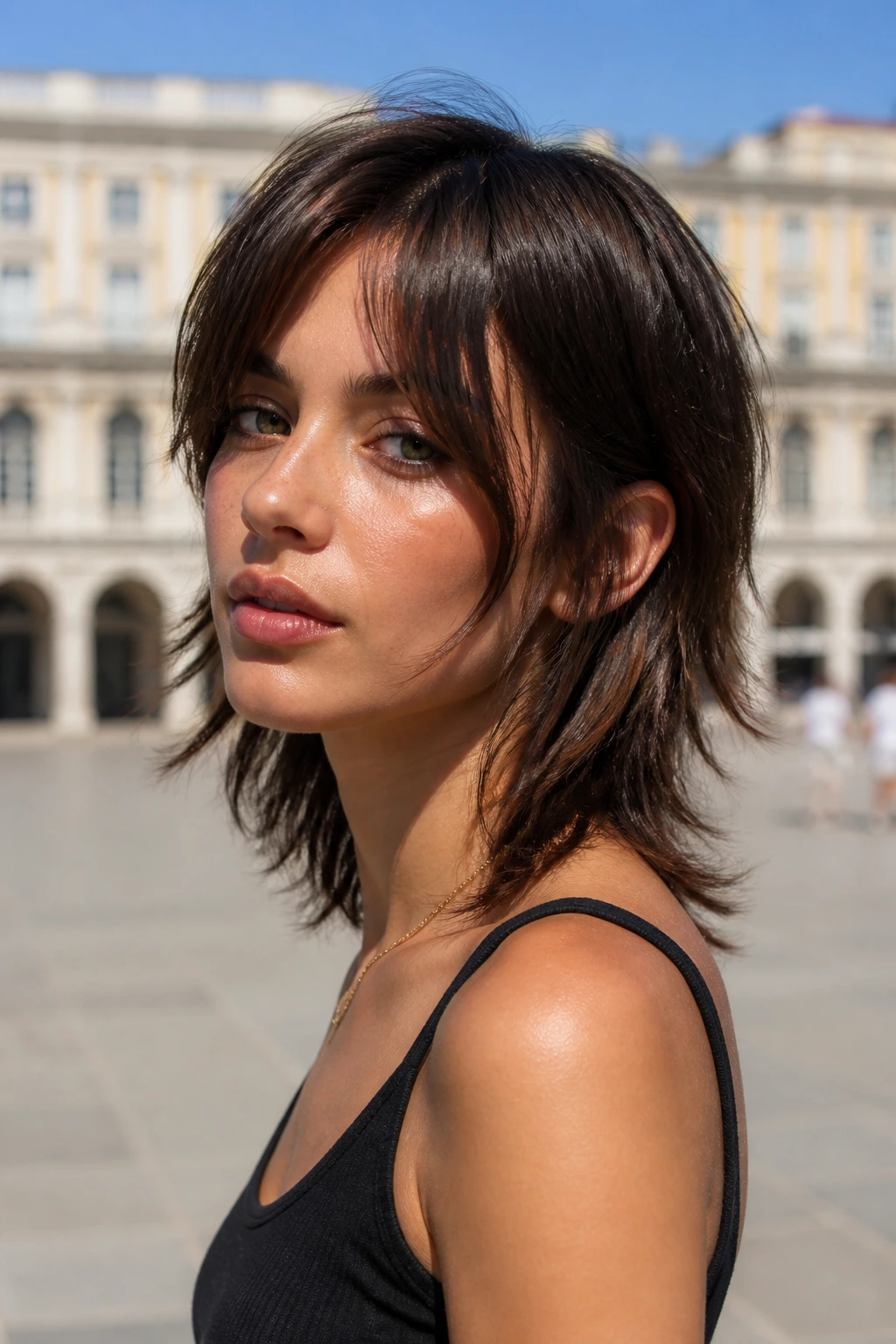 Close-up portrait of real person with face-framing ribbon mullet in sunny plaza light