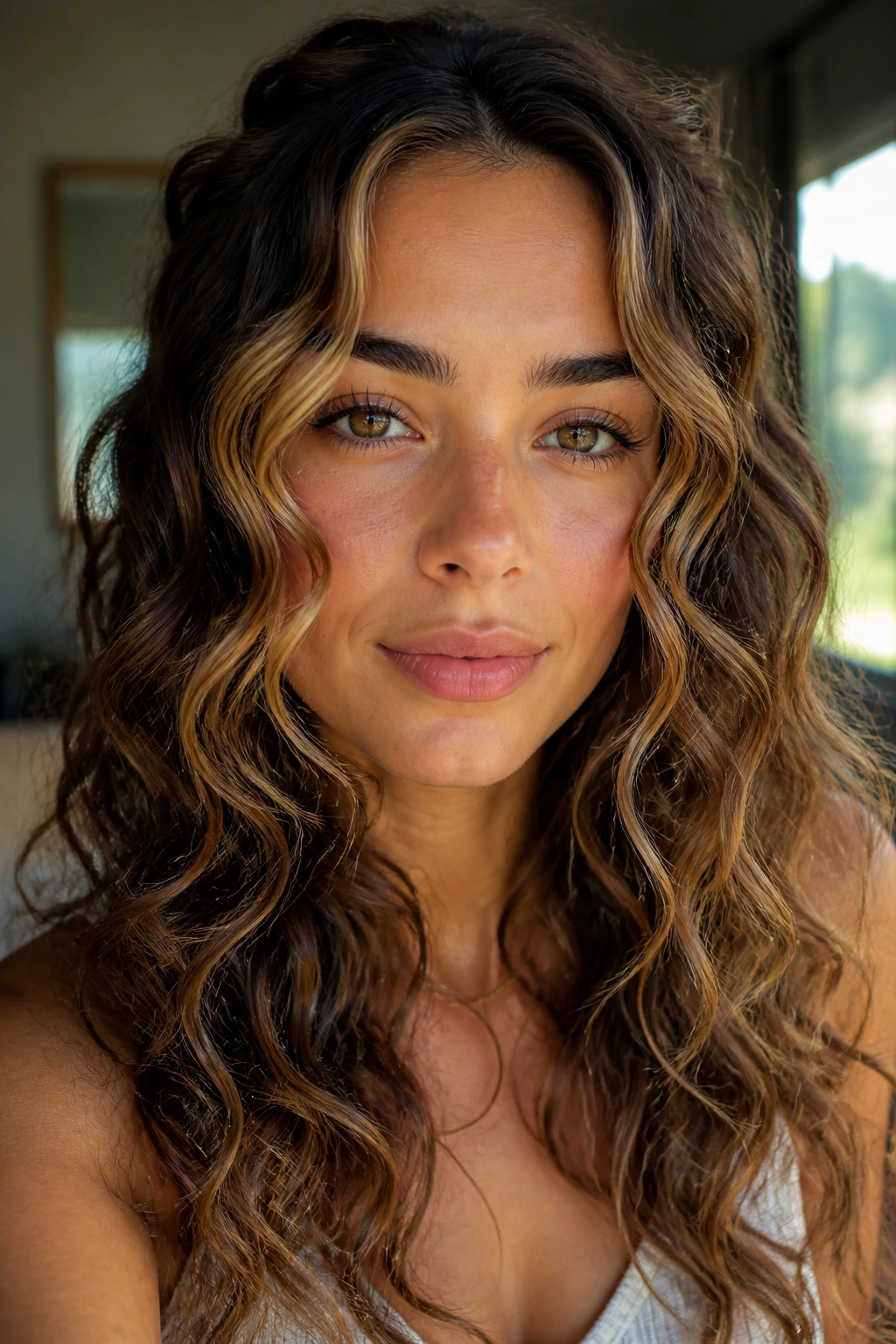 Portrait of a person with face-framing ribbon waves