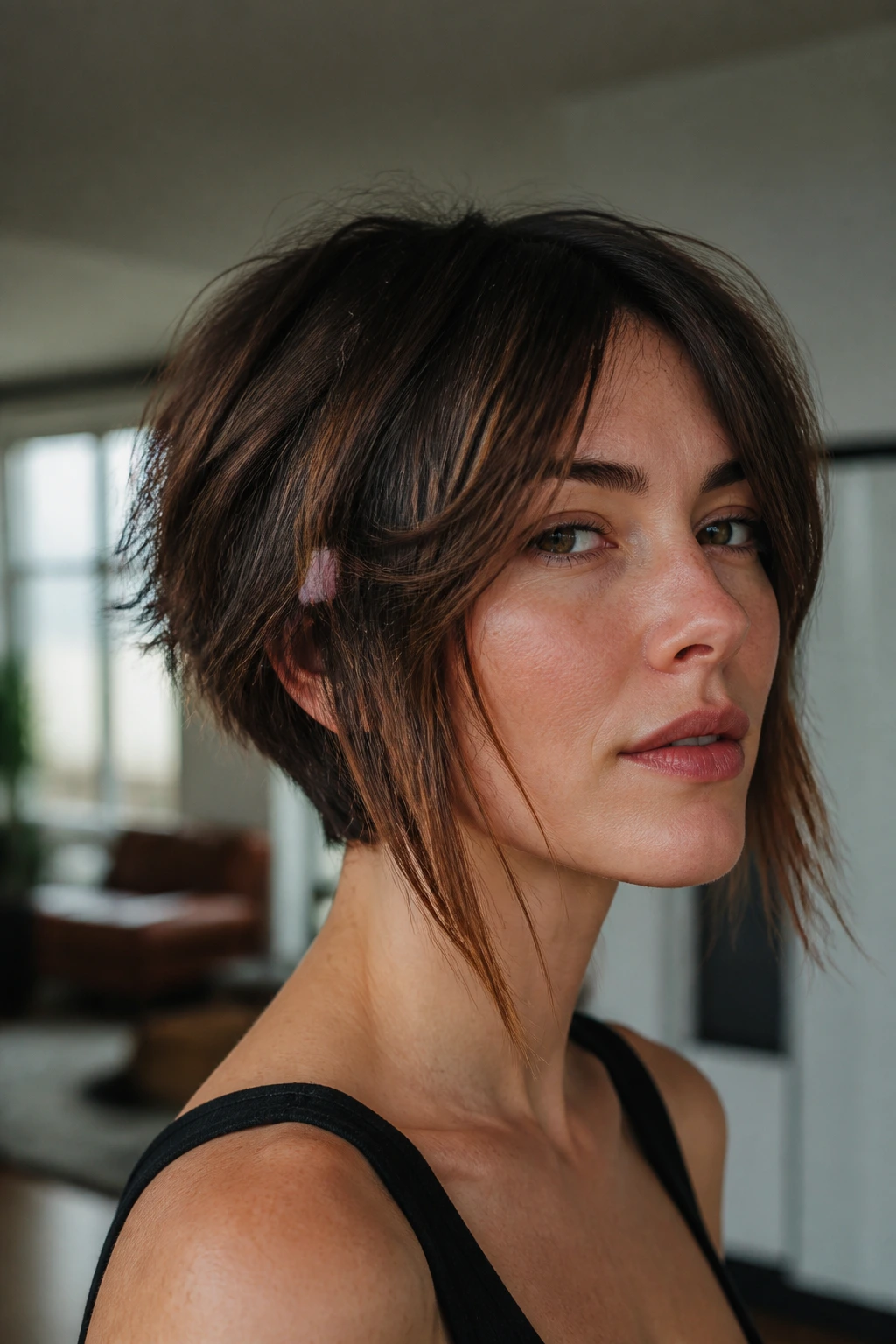 Close-up of a real woman with long face-framing ribbons in a piecey bob