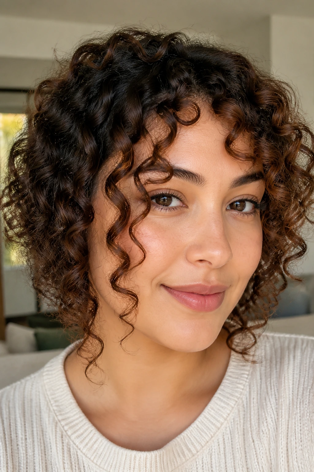 Real woman with individually placed front ringlets around cheek and jaw