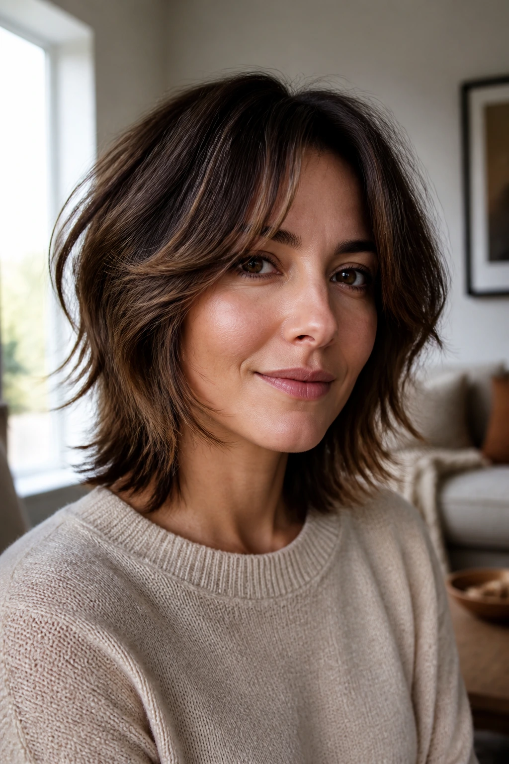 Close-up of a real woman with a face-framing round shag