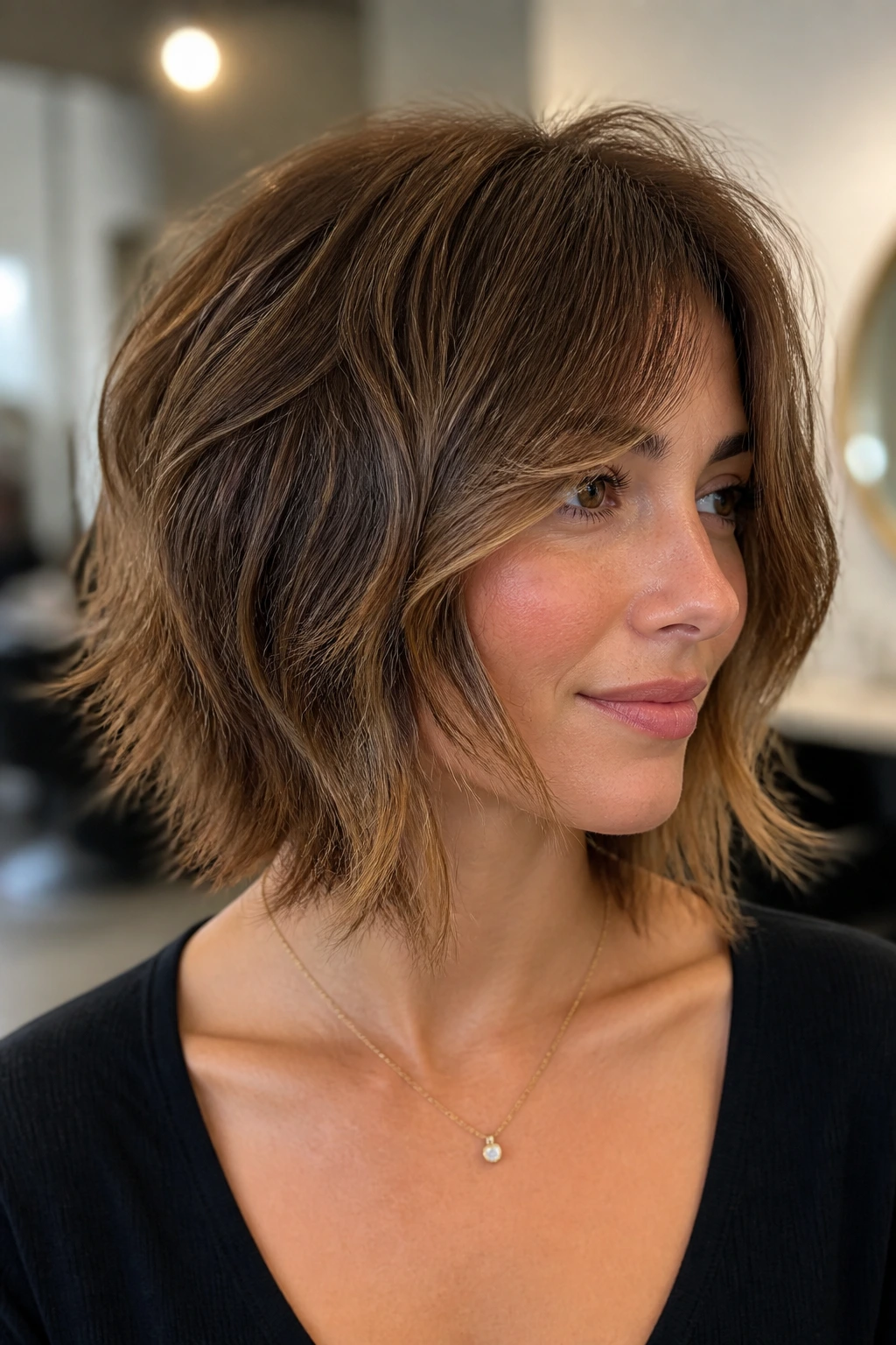 Close-up of a real woman with a face-framing shag-bob hybrid in salon light