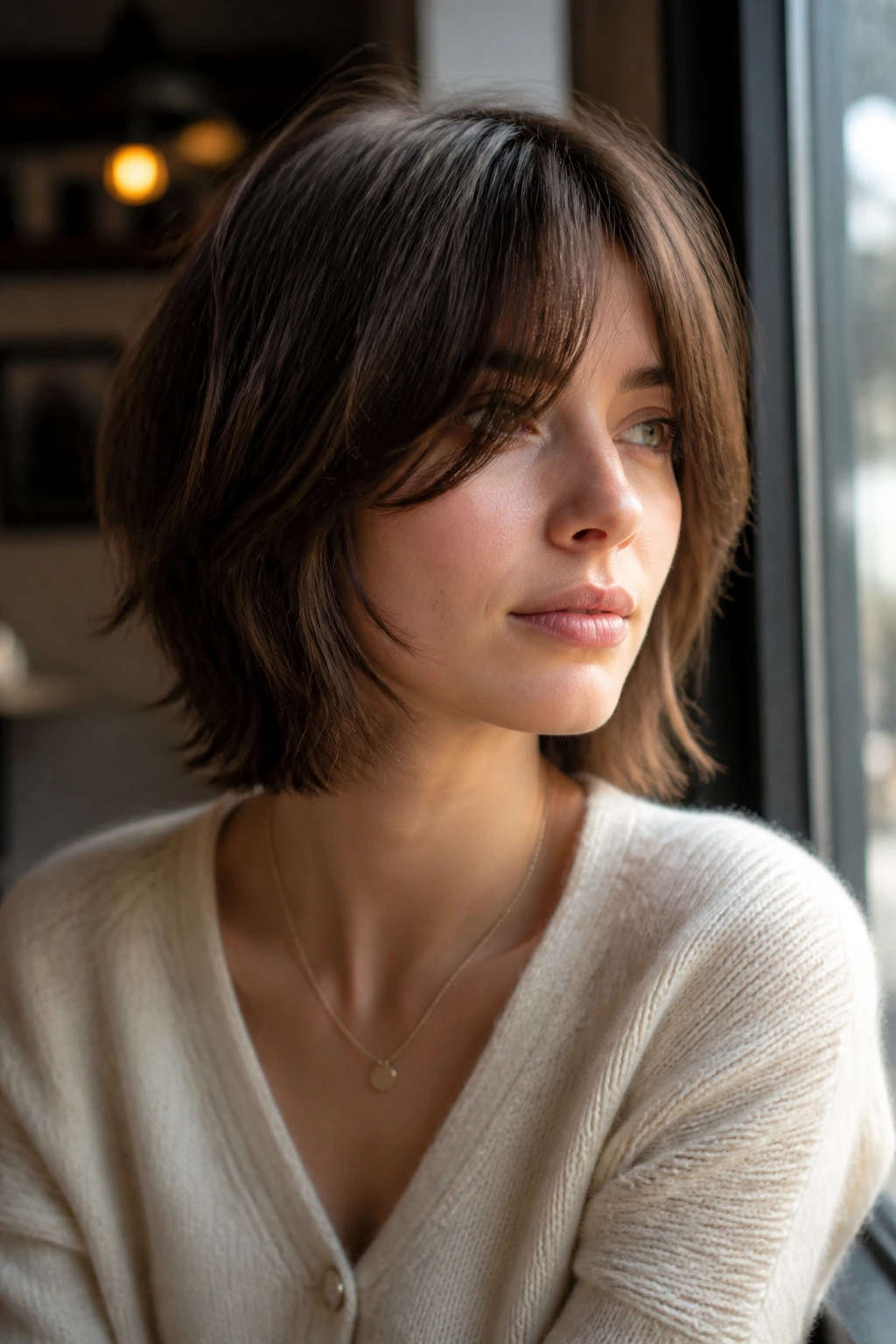 Portrait of a real person with face-framing shag bob and long bangs
