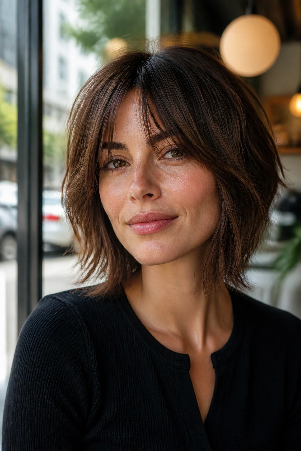 Portrait of a real woman with a face-framing shag bob and long fringe in natural light