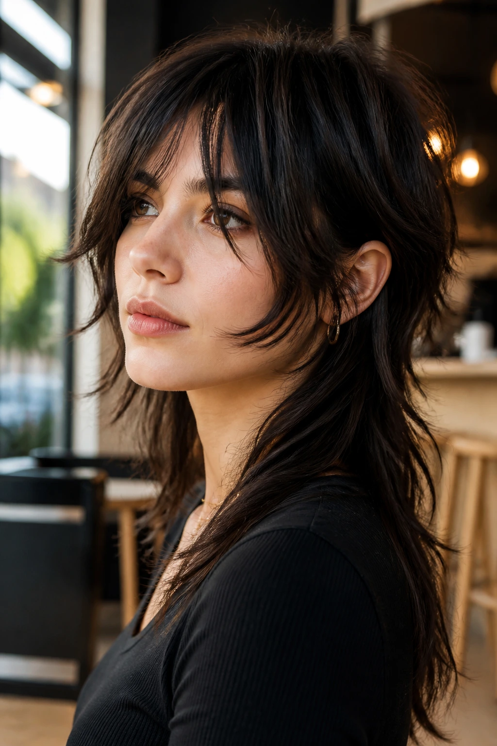 Three-quarter portrait of real woman with face-framing shag mullet and long back