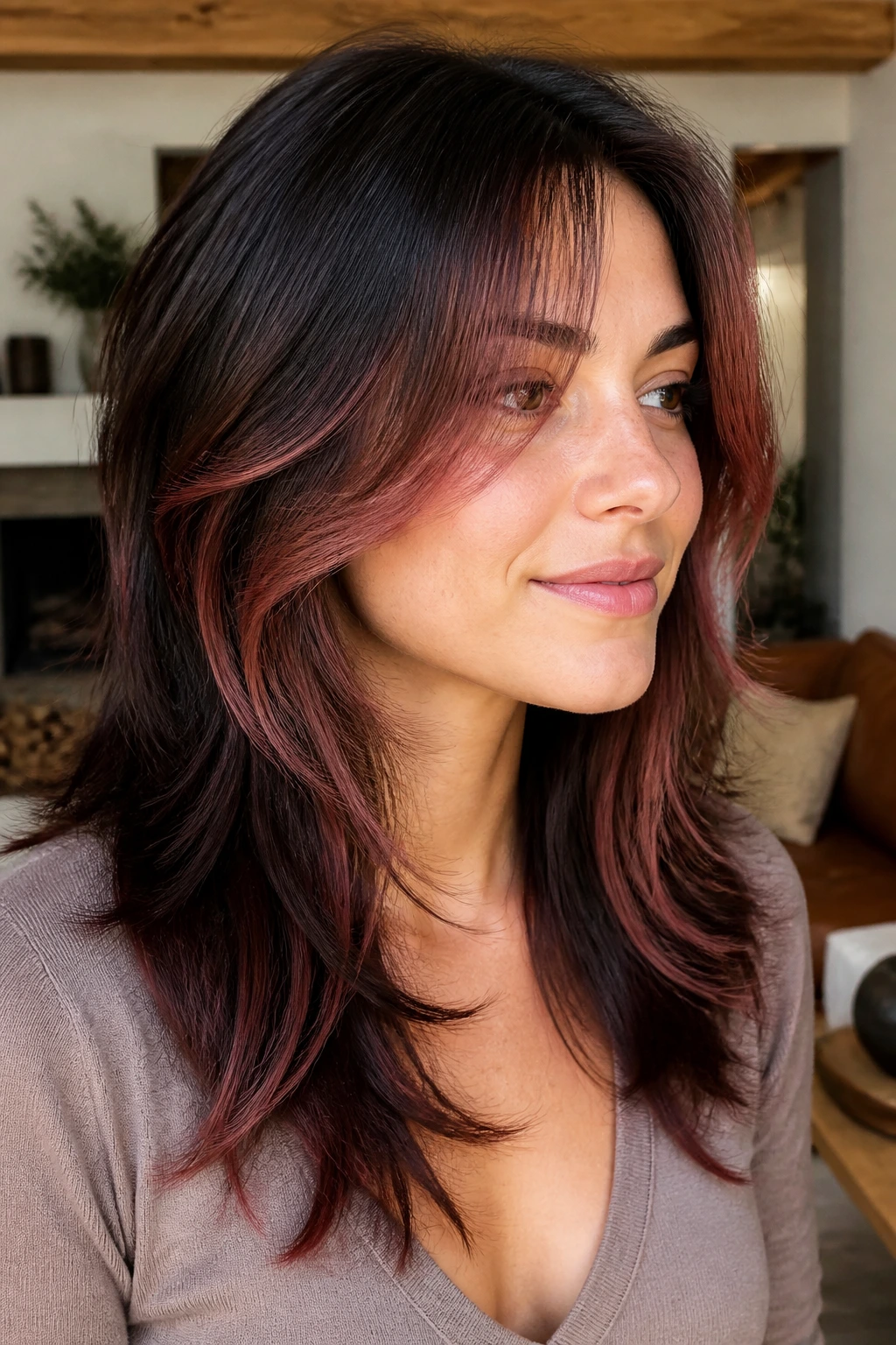 Brunette with face-framing shag and rosewood tones