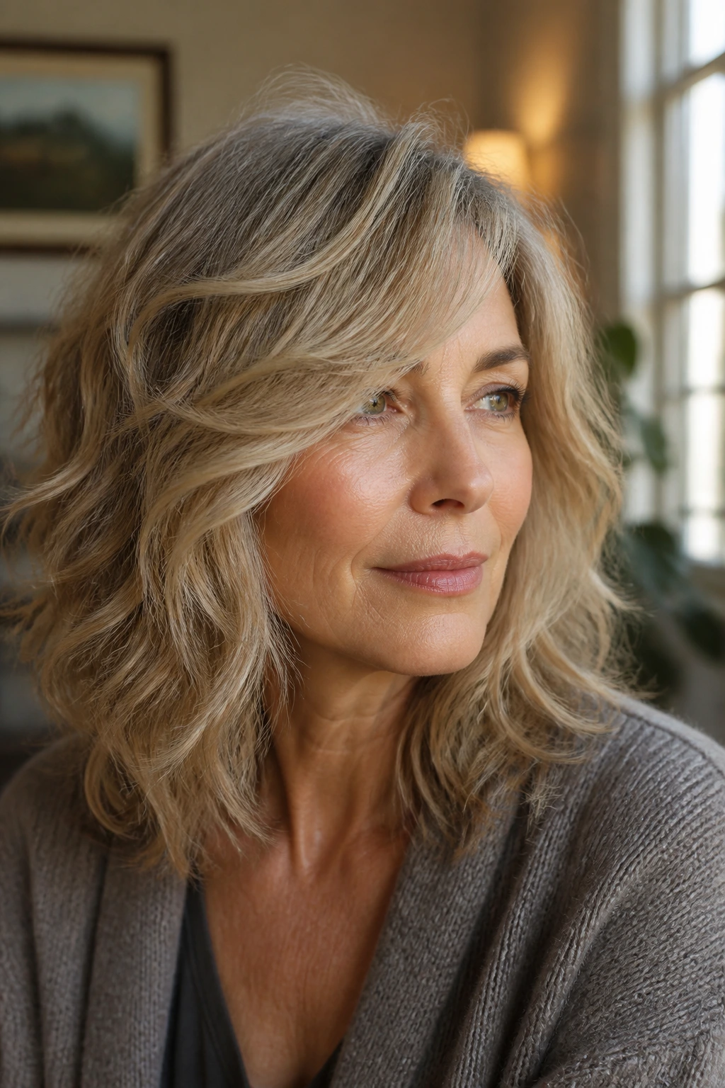 Close-up portrait of a real woman with face-framing shag and side-swept fringe