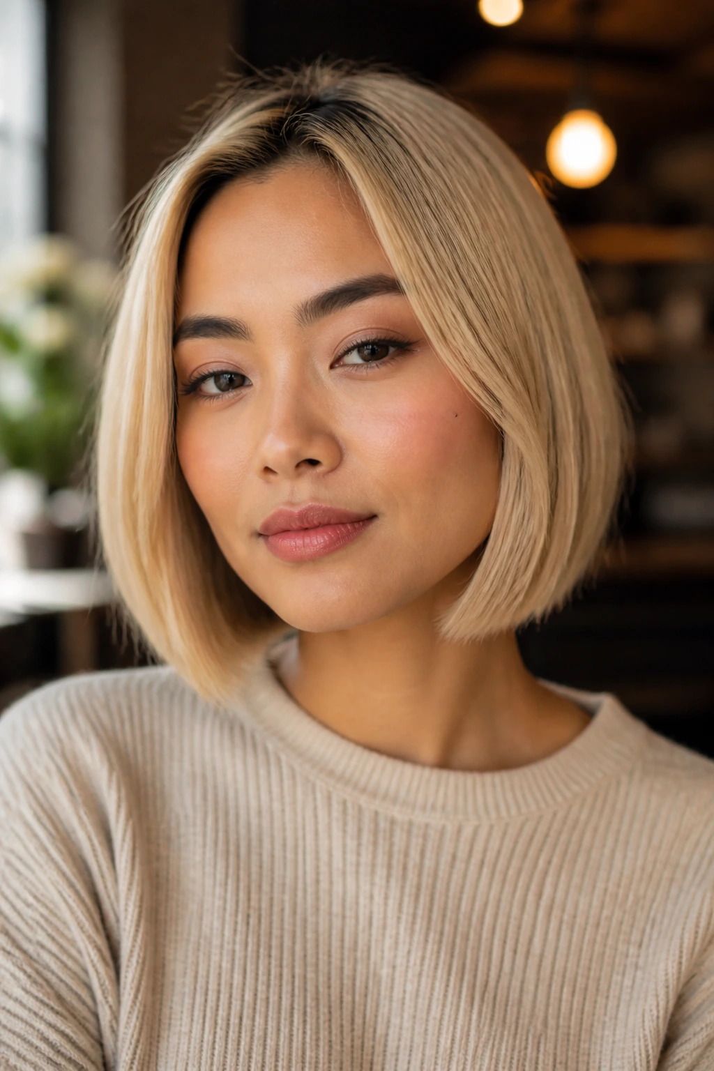 Portrait of a real woman with a blunt bob that frames her face, lighting enhances the frame