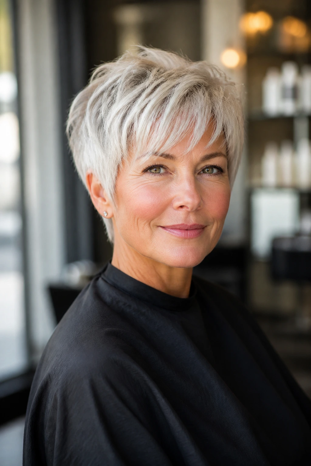 Close-up of a real woman wearing a flattering short haircut that frames her face.
