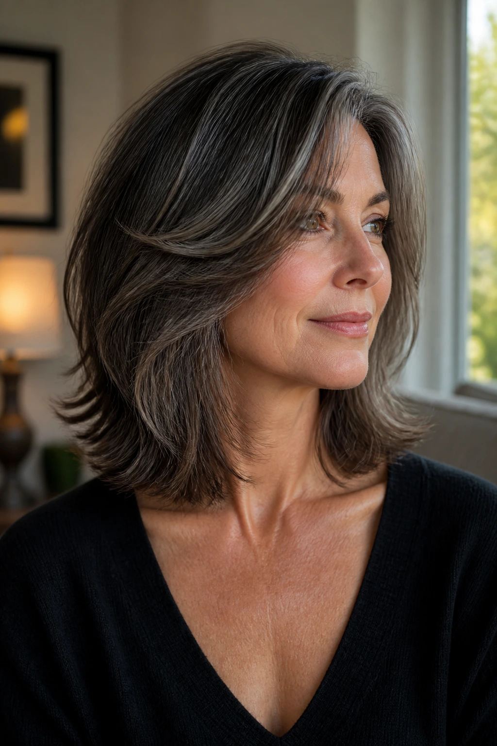 Close-up of a real woman with a face-framing shoulder-length hairstyle highlighting cheekbone framing
