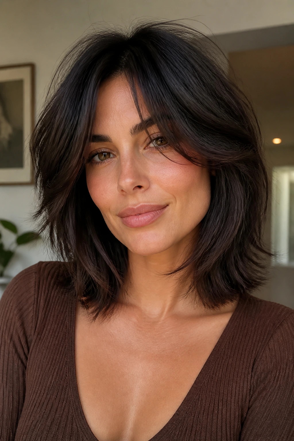 Close-up of a real woman with face-framing shoulder shag in a modern home setting