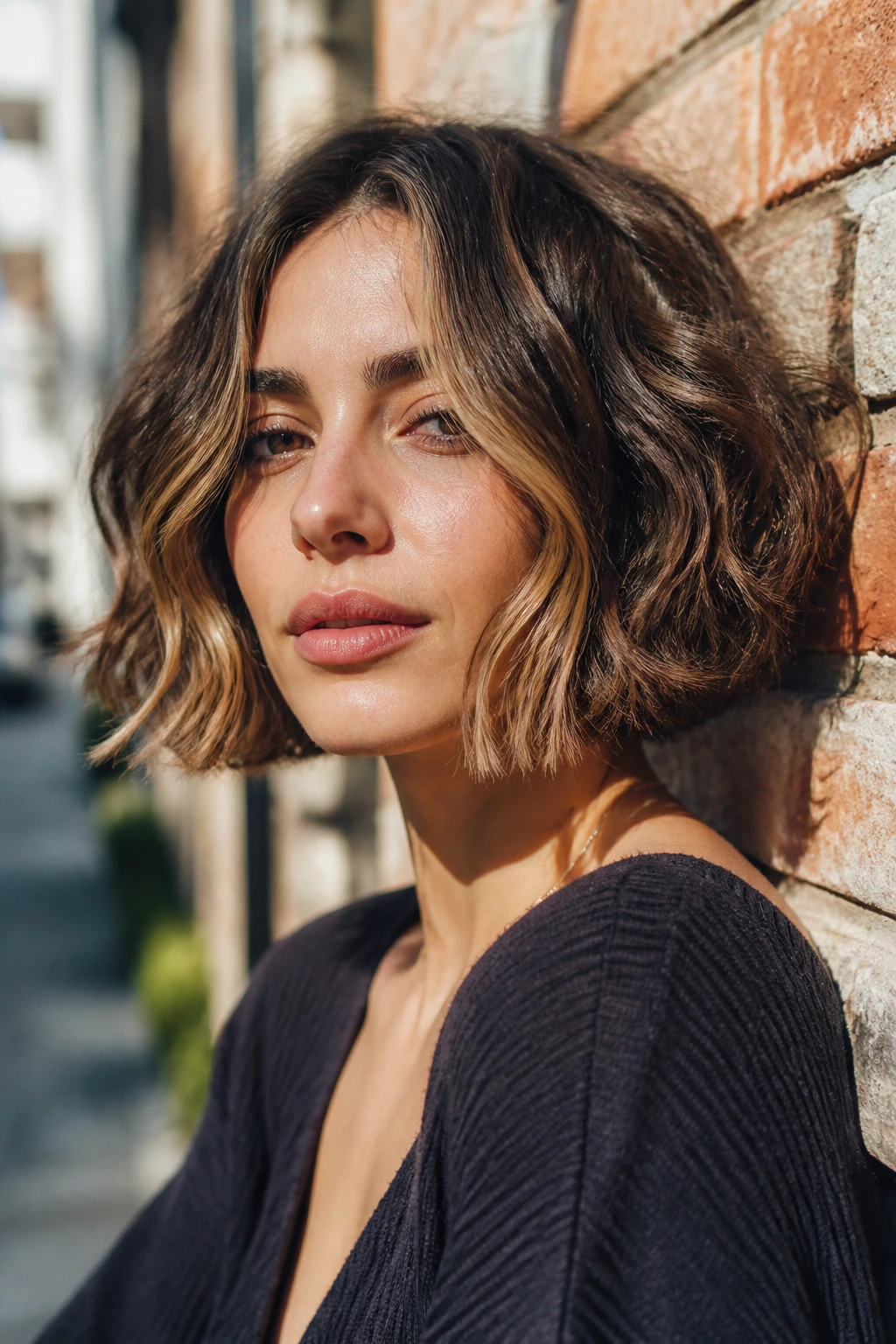 Portrait of a woman with face-framing slice bob in morning light.