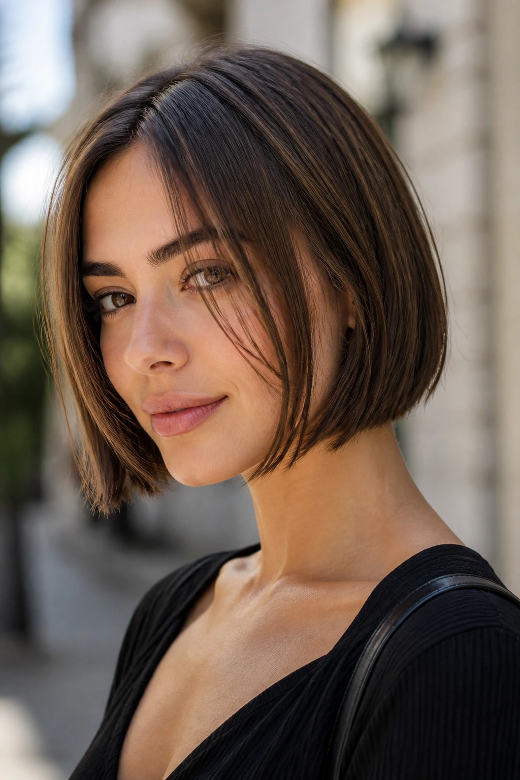Close-up of a woman with a bob and face-framing slices