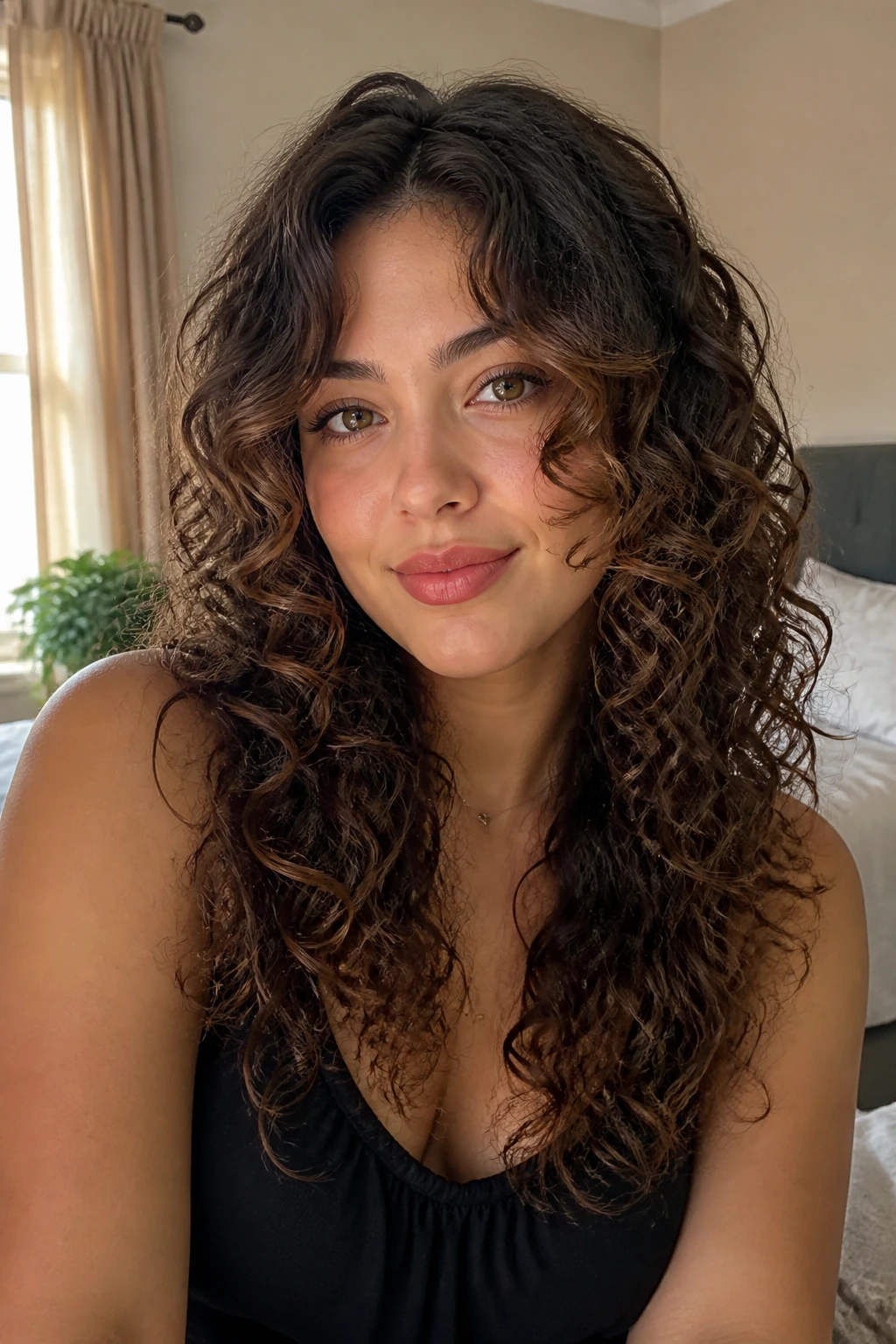 Close-up of a real woman with face-framing spiral layers in a softly lit bedroom