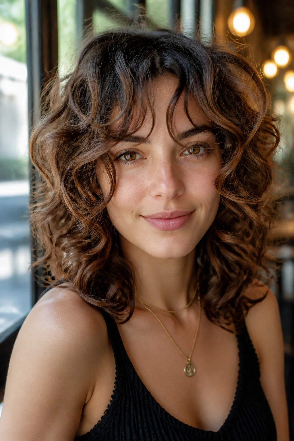 Close-up portrait of a real woman with front spiral curls framing the face