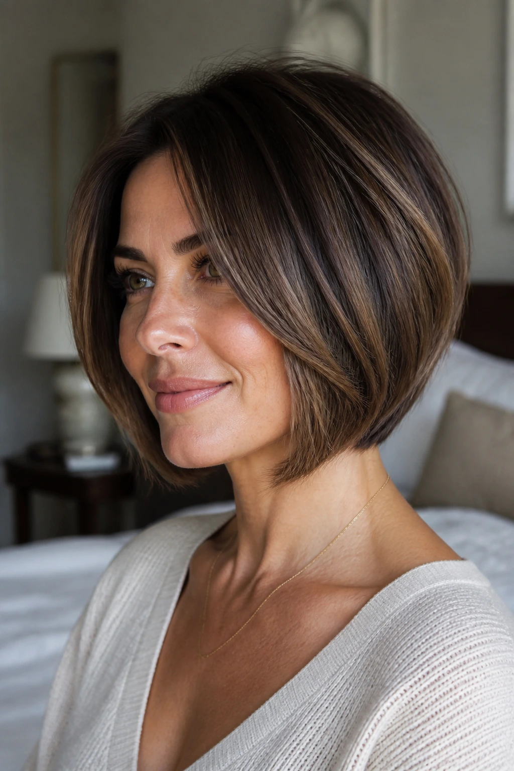 Close-up of a real woman with a face-framing stacked bob, cheek-skimming front pieces and lifted back