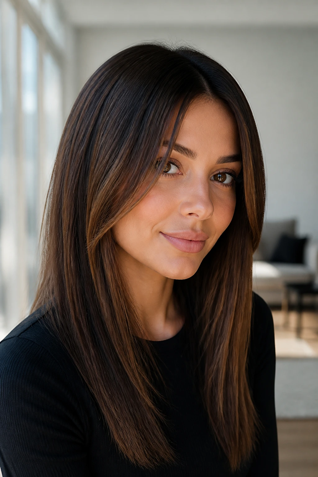 Portrait of a woman with straight hair and soft face-framing pieces near the cheeks in window light