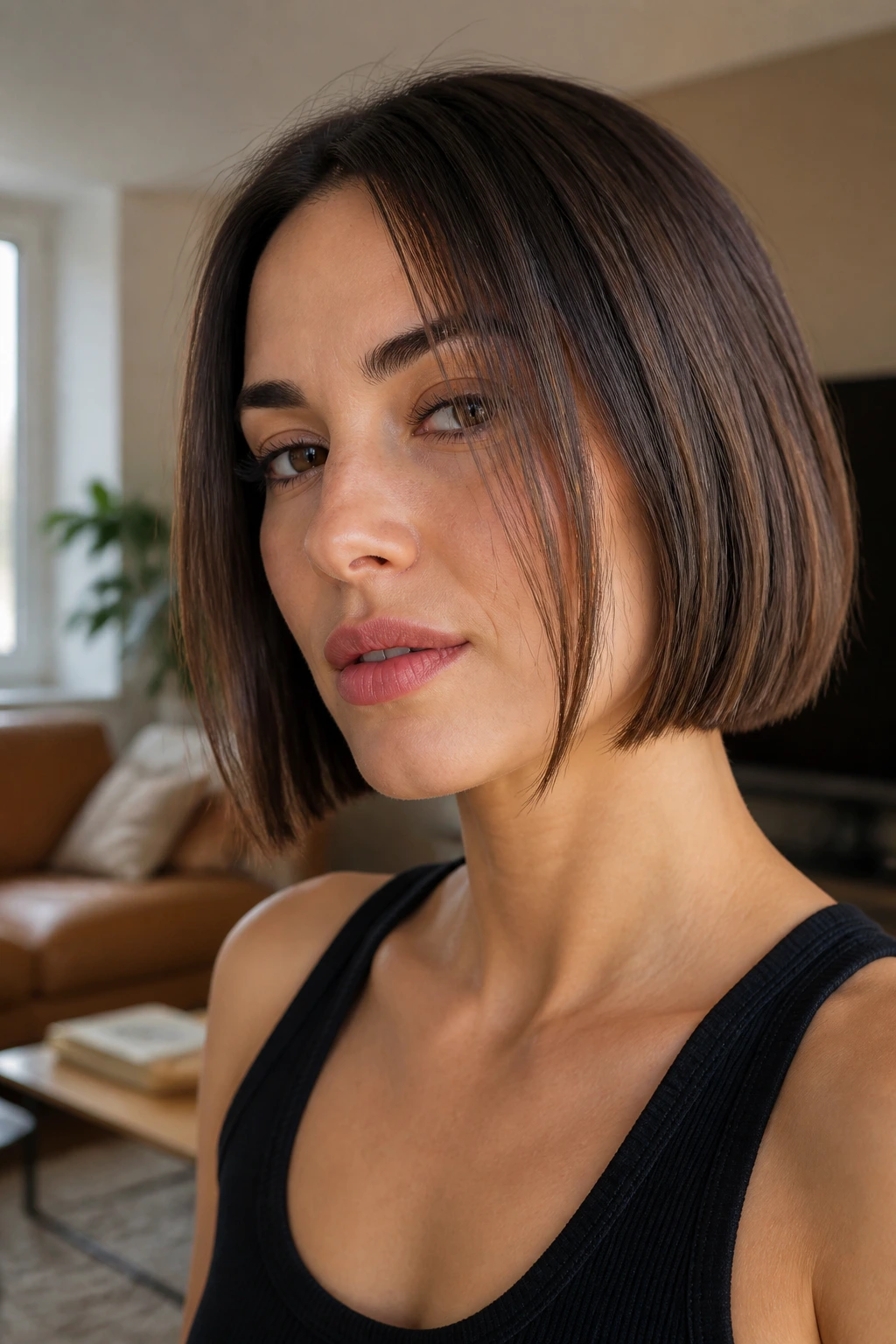 Close-up portrait of a person with face-framing straight pieces hairstyle