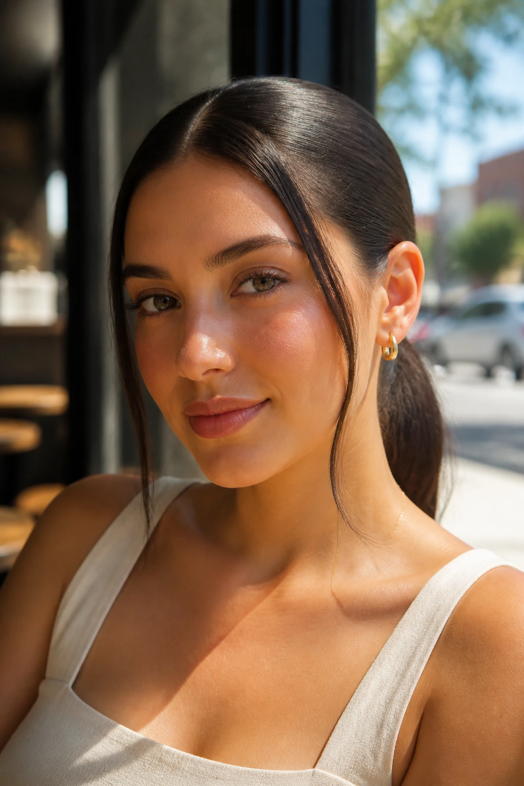 Real woman with face-framing strands in a low ponytail.