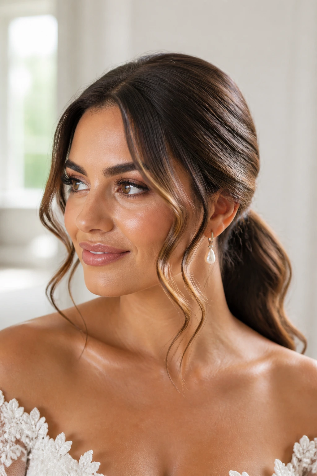 Close-up of a bride with face-framing S-waves and a low ponytail