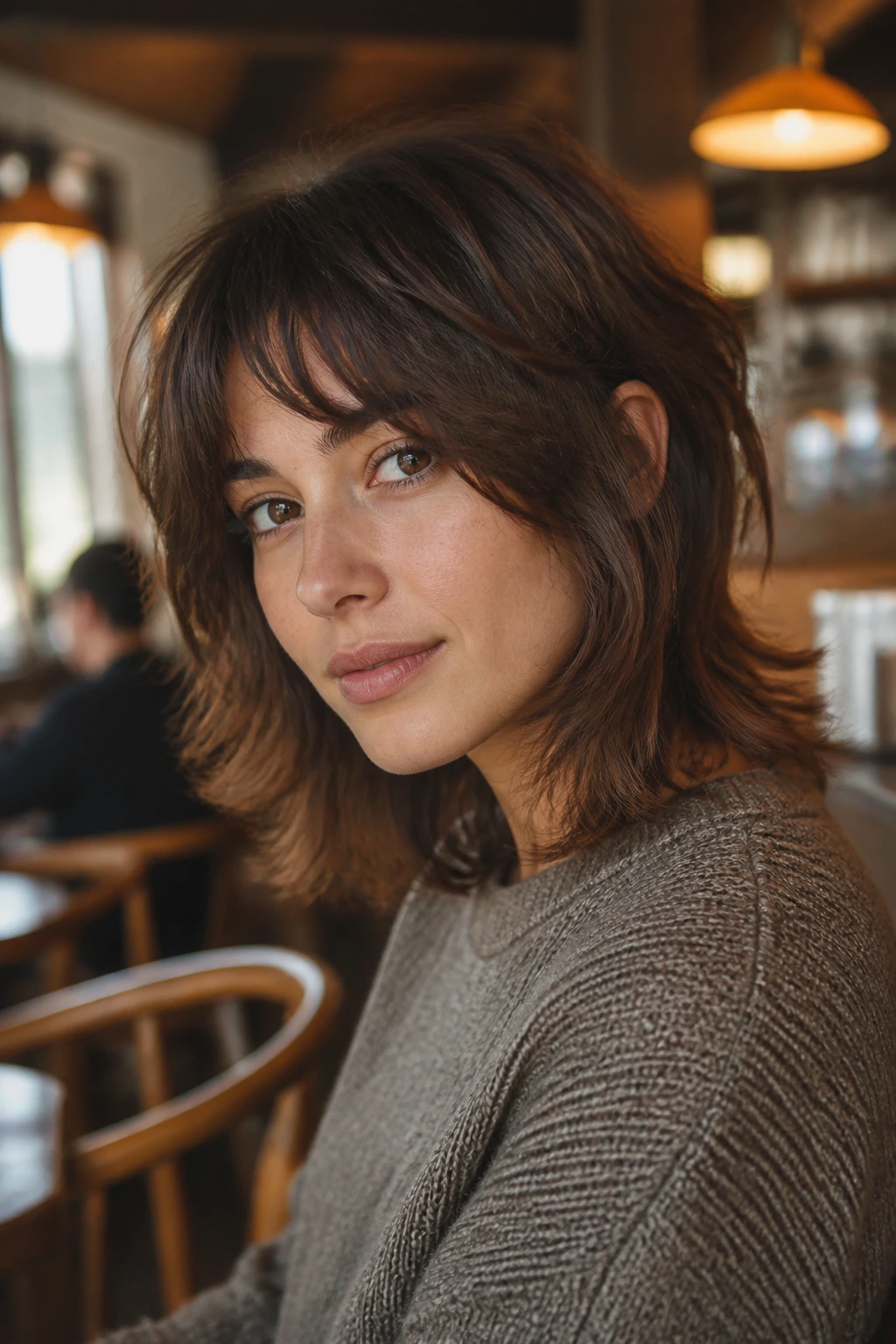 Portrait of a real woman with face-framing tapered shag and tucked-front pieces