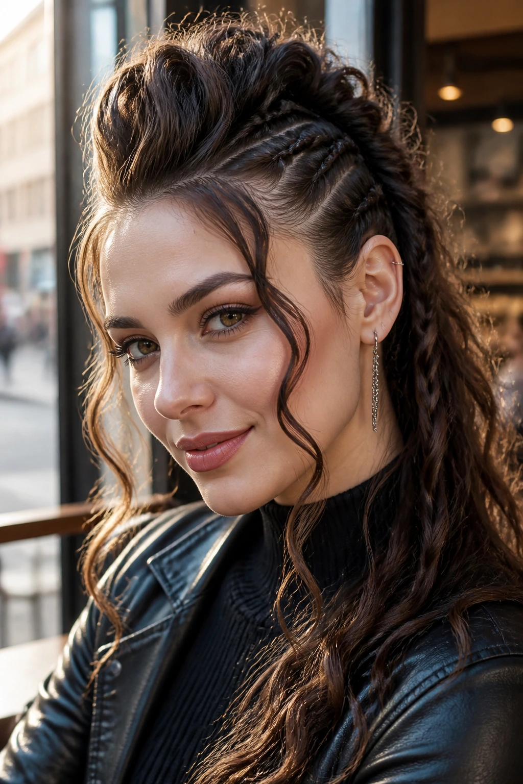 Close-up of Face-Framing Tendril Hawk with two curling tendrils near the temples on a real person.
