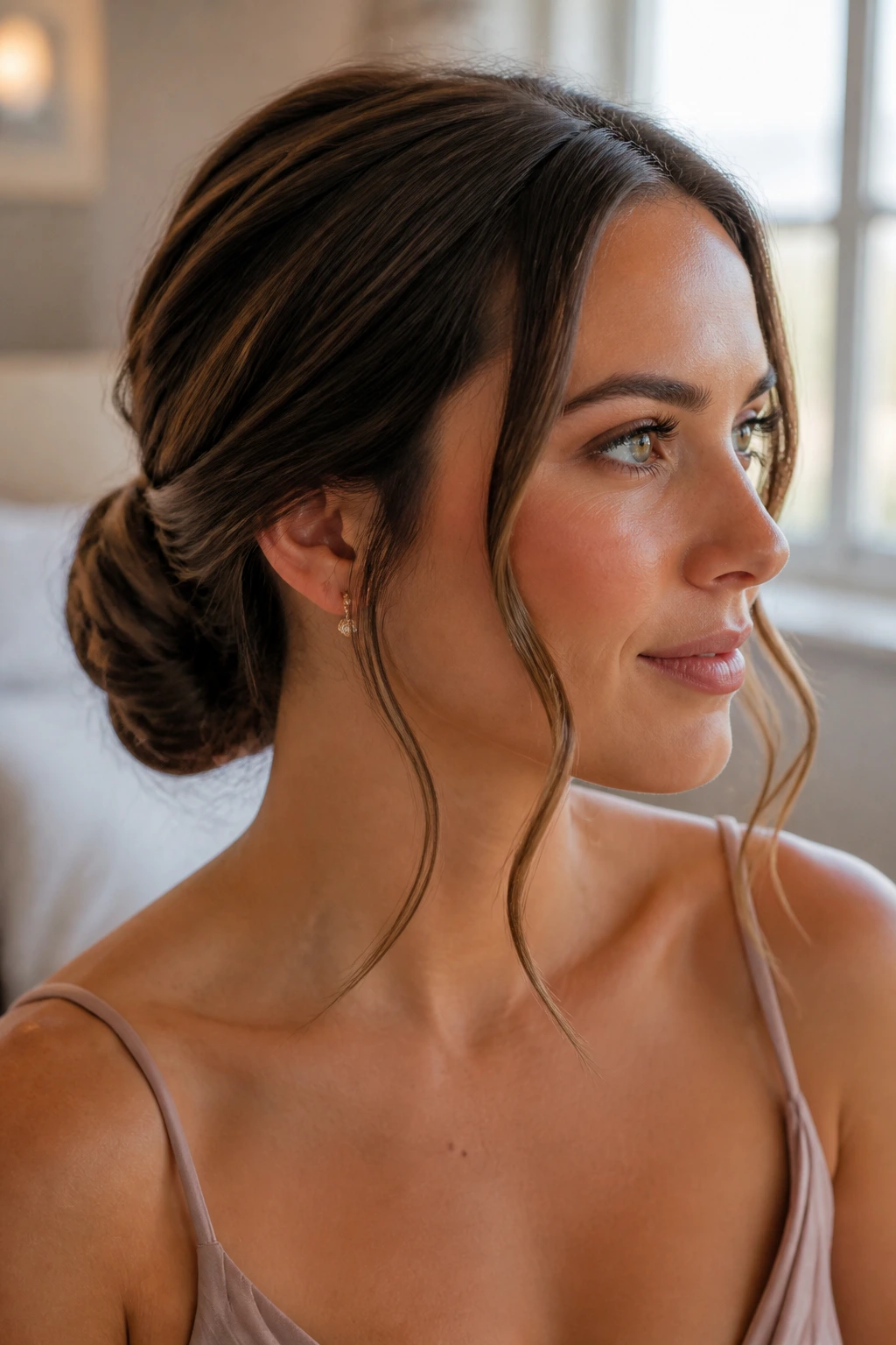 Close-up of a real woman with two tendrils framing the face and a low bun
