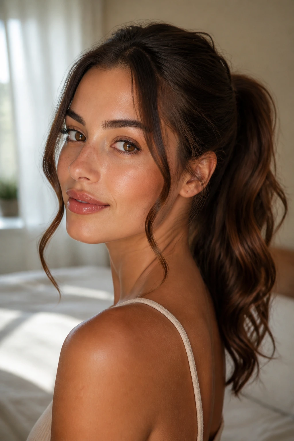 Close-up of a real woman wearing a face-framing tendril ponytail with two cheek tendrils