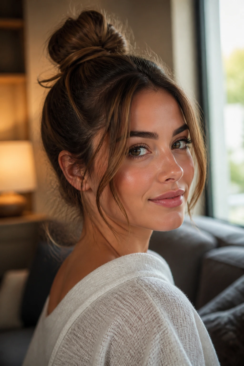Real person with face-framing topknot hairstyle