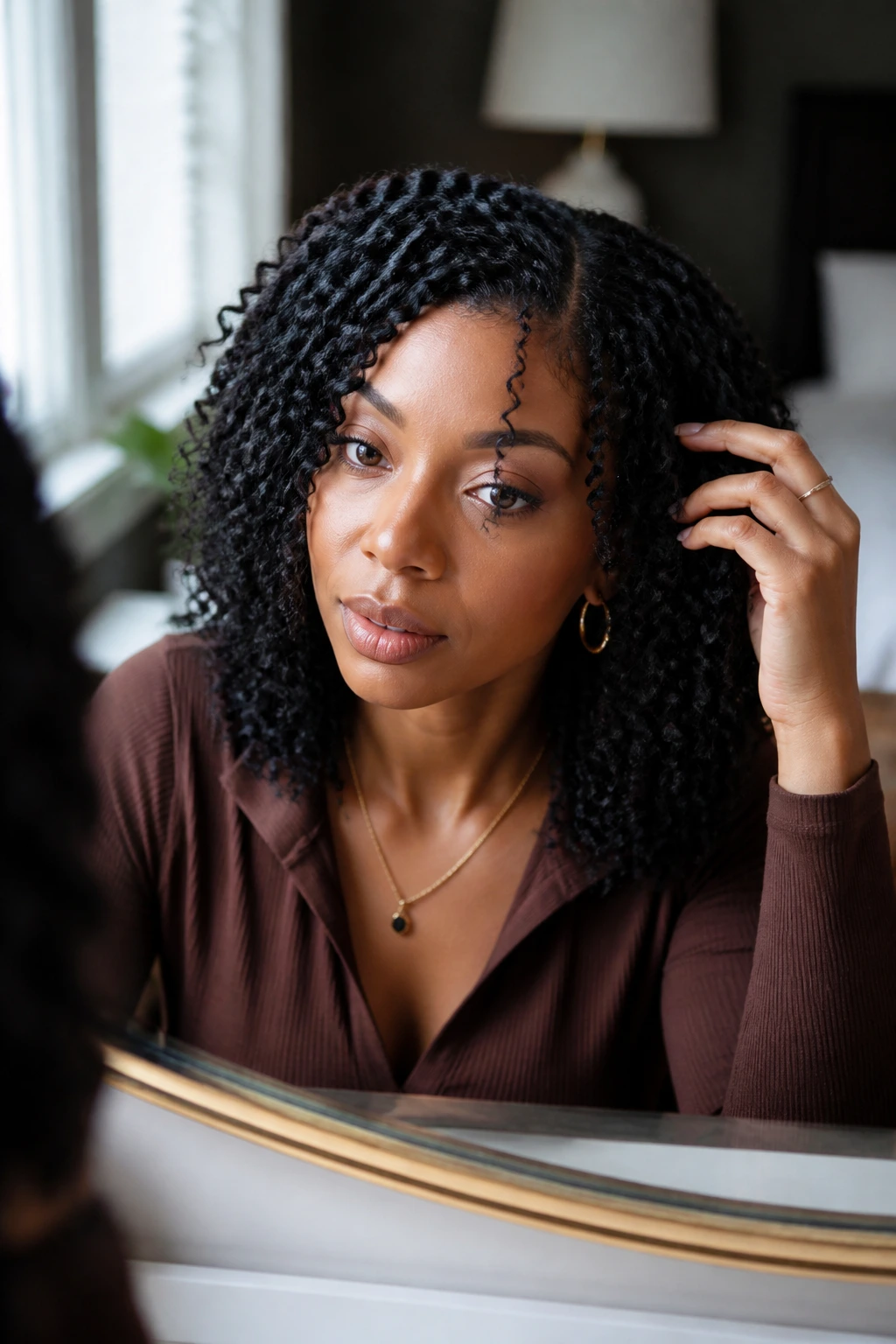 Real woman contemplating her spring twist look with face-framing twists in warm light.