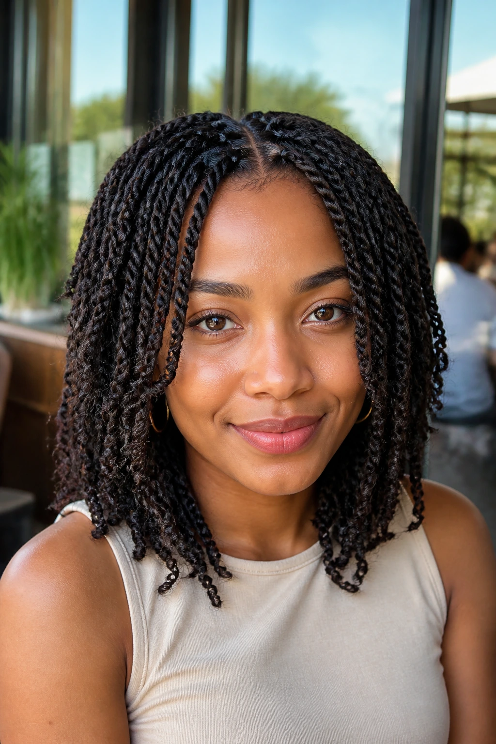 Close-up of a real woman with face-framing layered passion twists