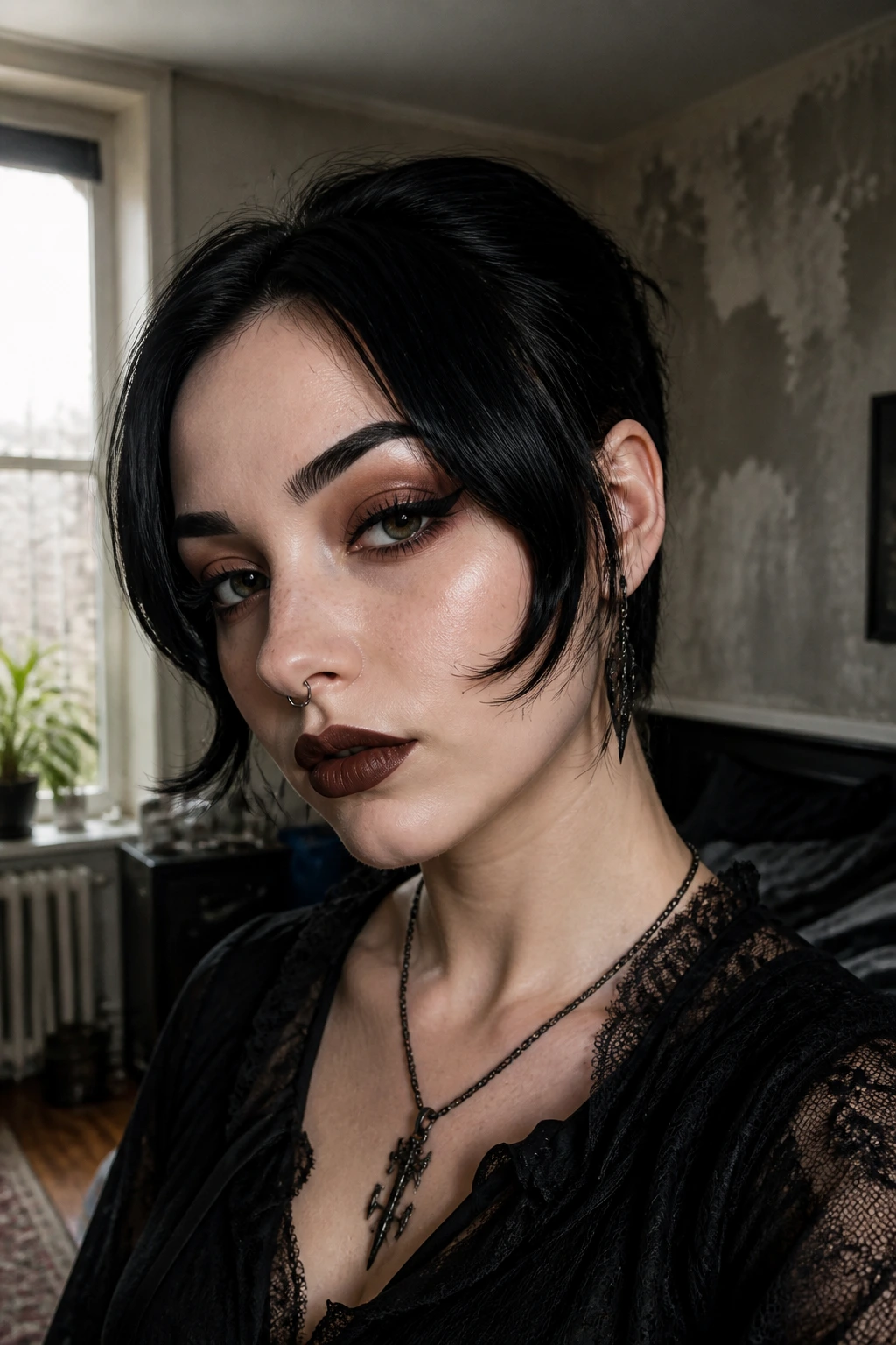 Close-up of a real person with face-framing vampire fringe pieces
