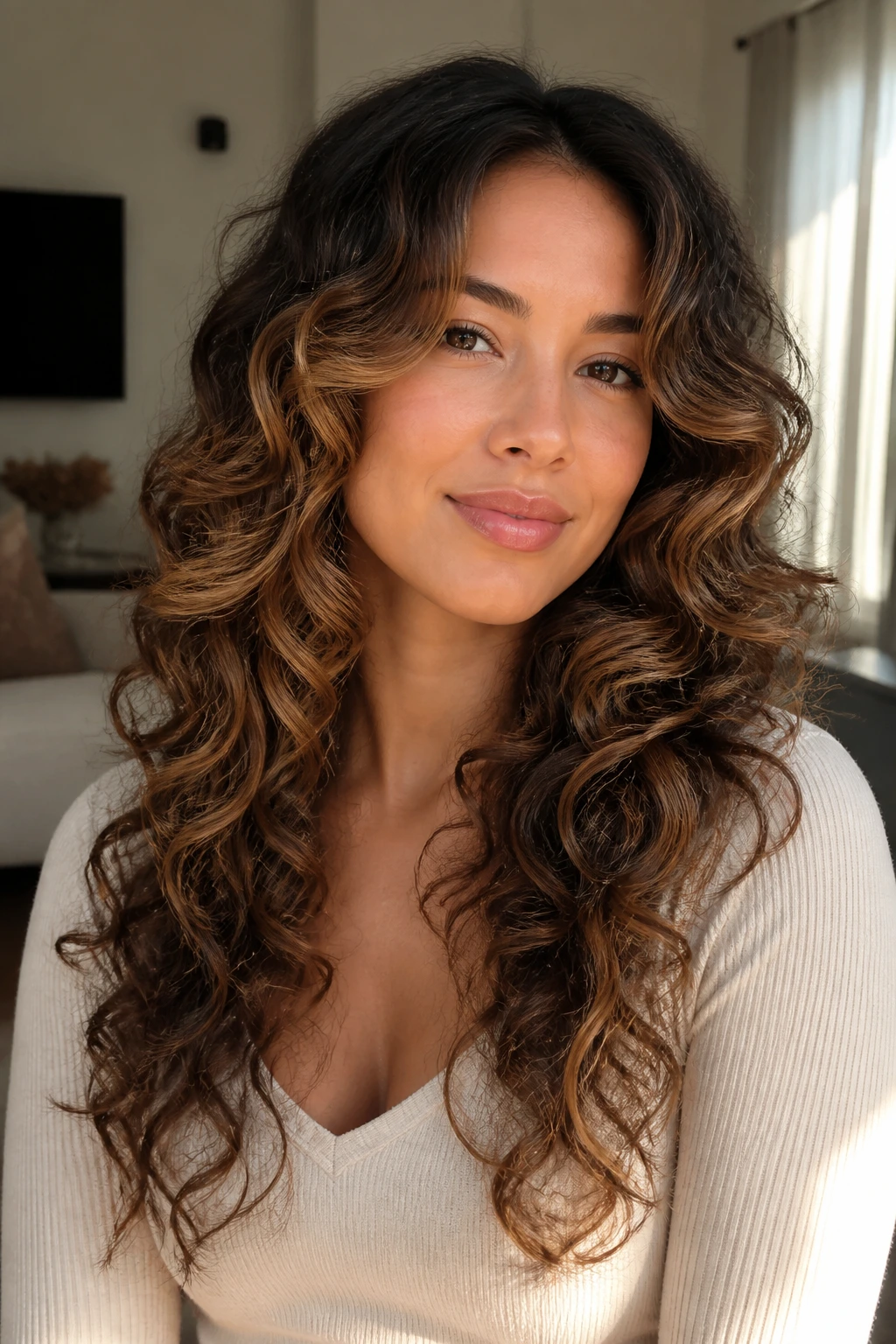 Close-up of a real woman with face-framing waterfall layers in long curly hair, warm window light