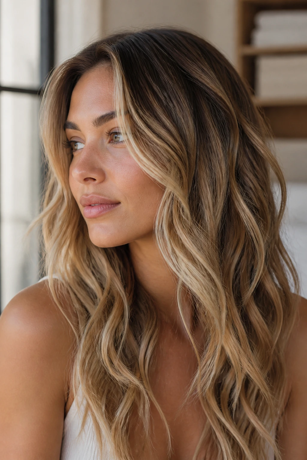 Close-up of a real woman with face-framing waterfall waves around the face