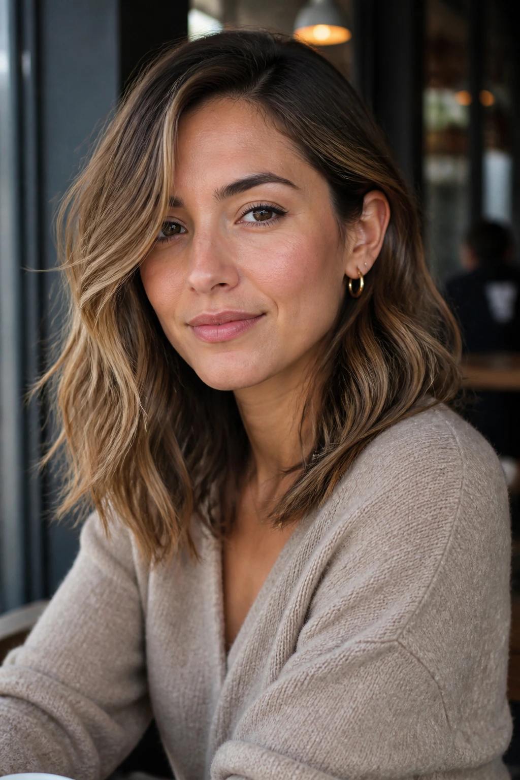 Real woman with face-framing waves tucked behind the ear