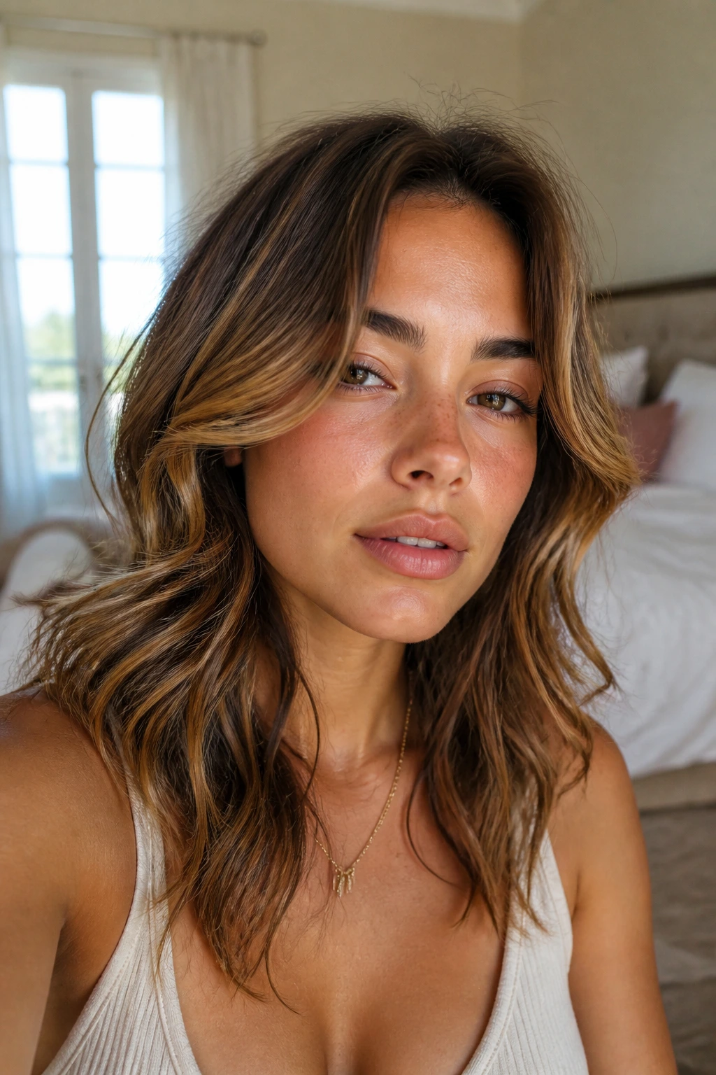 Close-up of a real woman with face-framing flip waves highlighting front pieces flipped outward.