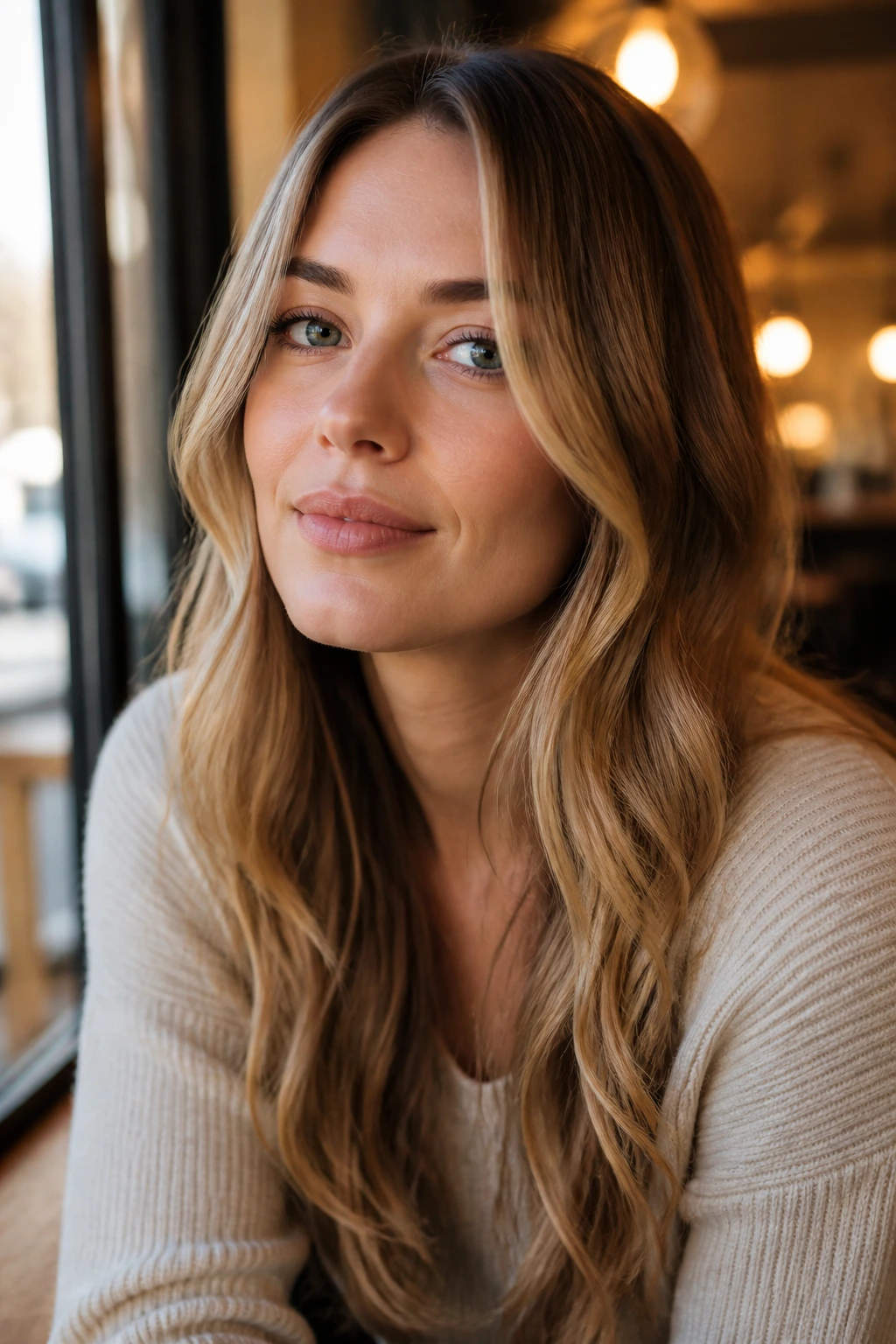 Portrait of face-framing loose waves around the cheeks.