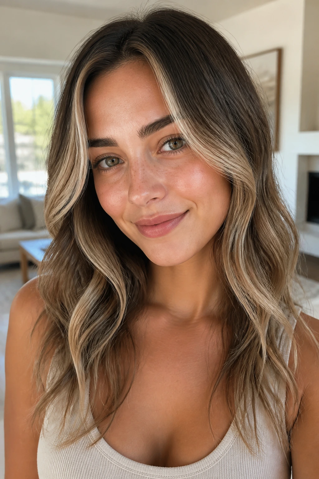 Portrait of a woman with face-framing waves around her face