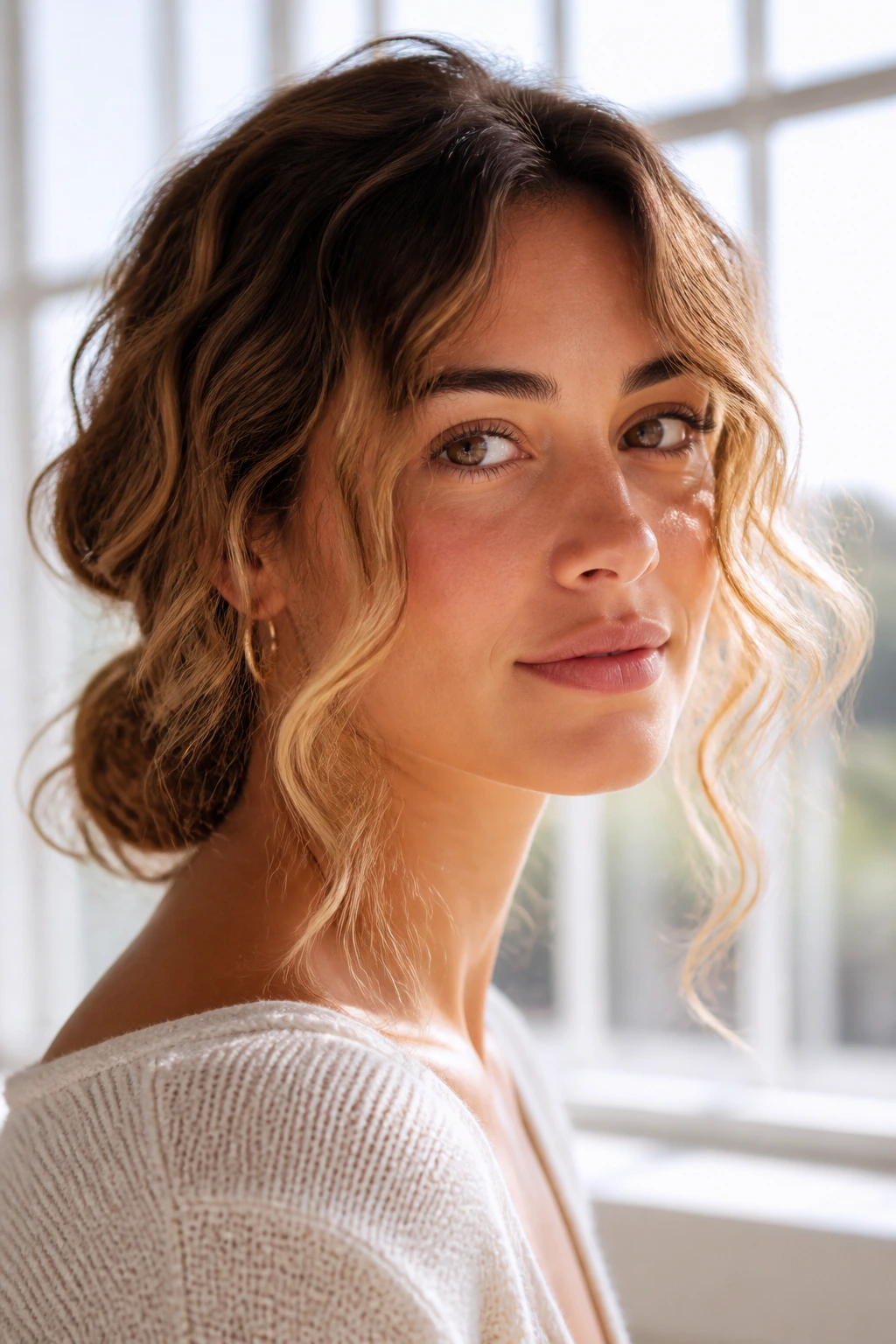 Portrait of a woman with face-framing beachy waves near her cheeks