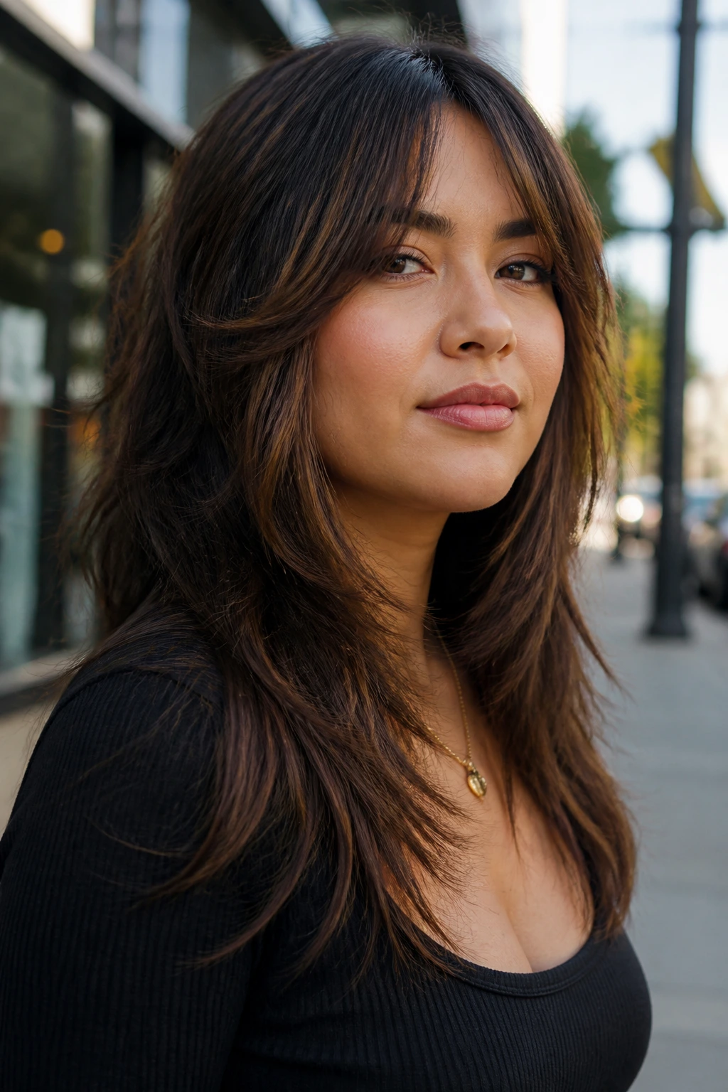 Close-up portrait of a real person with face-framing wolf cut for round features