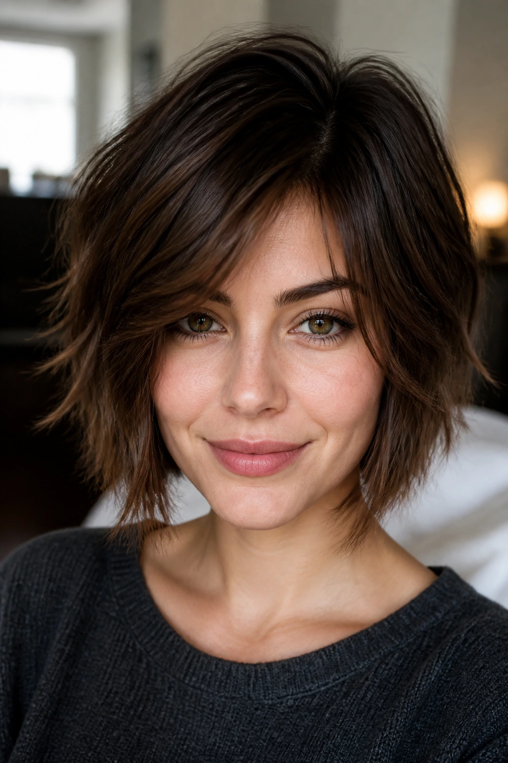 Close-up of a real person with face-framing wolf bob on a round face under soft window light