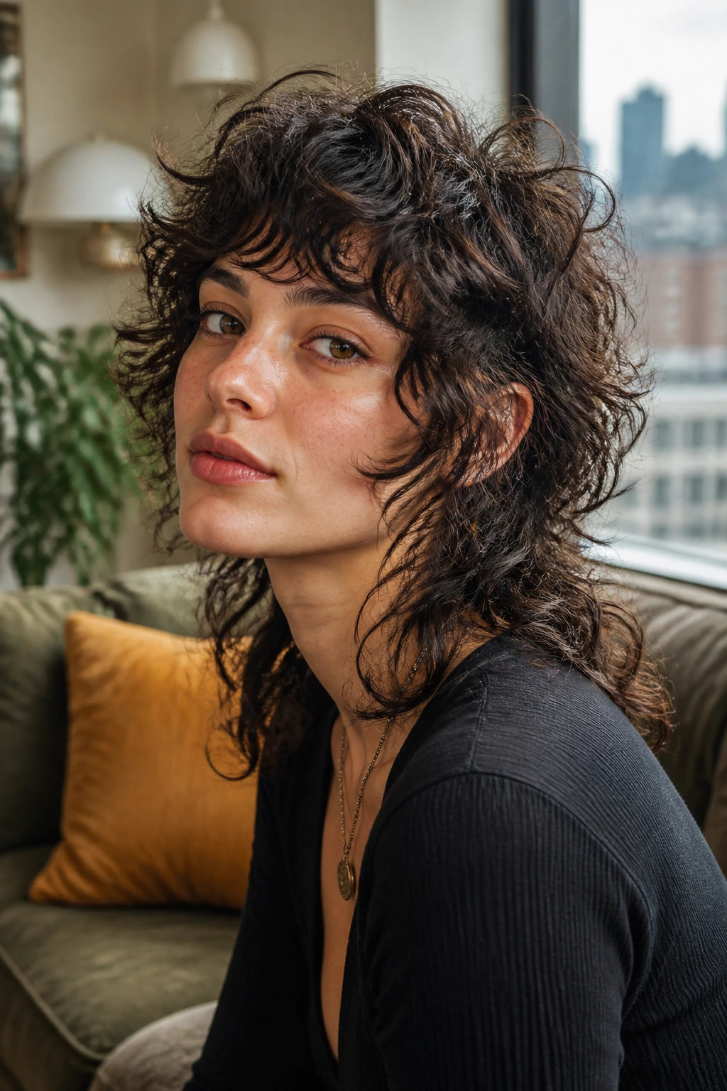 Close-up portrait of a real person with a face-framing wolf mullet and voluminous curls in a cozy living room.