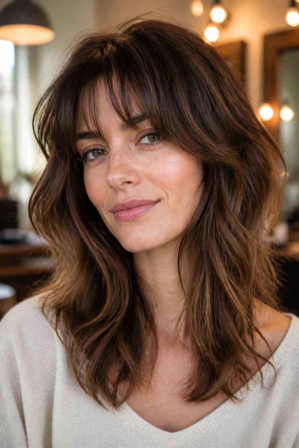 Portrait of a real person with face-hugging fringe and collarbone-length layers